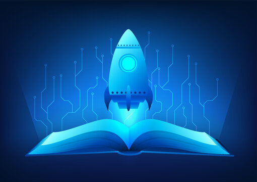Technology Education, Rocket rising from an open book in mid-air, with an electric circuit around it, represents the integration of technology and education, creating knowledge and a limitless future.