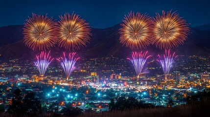 Couple watching a colorful firework show from a hill as the clock hits midnight