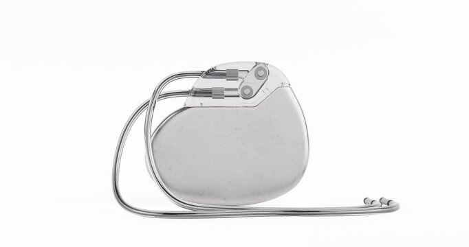 4k Resolution Video: Implantable Artificial Cardiac Pacemaker Device Seamless Loop Rotating on a White Background with Alpha Mate