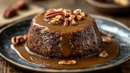 A round sticky toffee pudding presented on a rustic plate, topped with chopped pecans and a pool of creamy butterscotch sauce around the base, Illustration, Food Concept