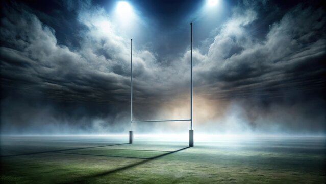 Dramatic rugby goalposts protruding through dense fog in an atmospheric stadium setting - Powered by Adobe