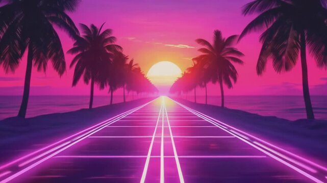 Futuristic neon-lit road leading to a radiant sunset amidst palm trees, evoking a vibrant synth wave aesthetic.