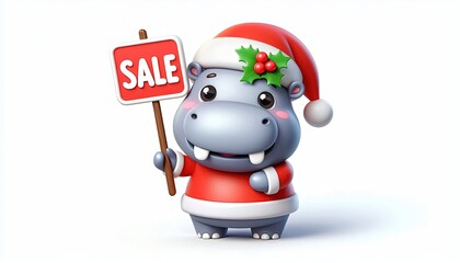 Obraz premium Cute Hippopotamus Wearing Santa Hat Holding a Sale Sign.