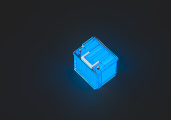 Car blue 12v battery. Energy capacity. 3d rendering on the topic of electricity, power supply, batteries, electric cars, auto parts. Dark blue background.