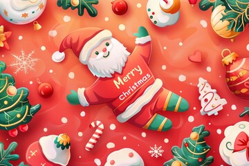 Naklejka premium Santa Claus on a red background. Around him are Christmas tree decorations and snowflakes