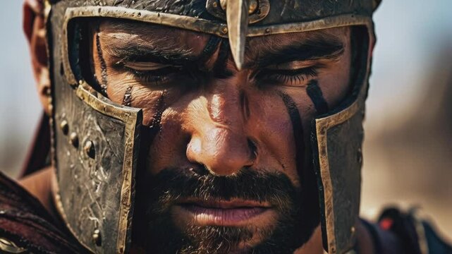 A fierce warrior glares with intense focus, his helmet and war paint reflecting a battle-hardened spirit.