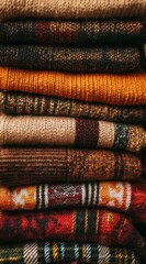 Various knit sweaters are arranged in a neat stack, highlighting warm colors and textured patterns perfect for the autumn season