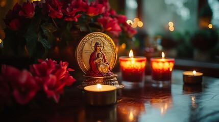 The Coptic Christmas table features candles and a colorful icon, evoking a festive mood