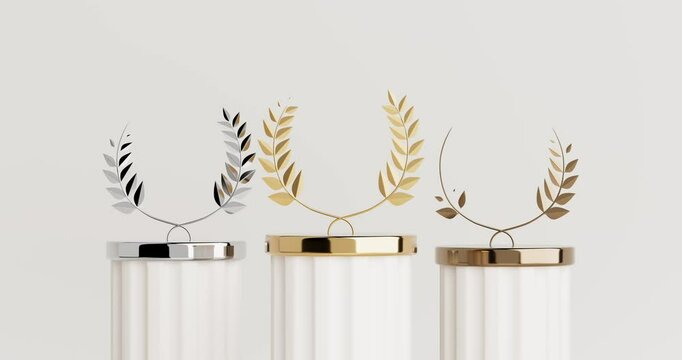 4k Resolution Video: Empty Golden, Silver and Bronze Laurel Winner Place Stage Mockup on a White Background with Alpha Mate
