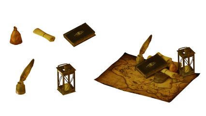 isolated cutout medieval , classic, adventure equitment kit, book, map, pen, best use for graphic post production