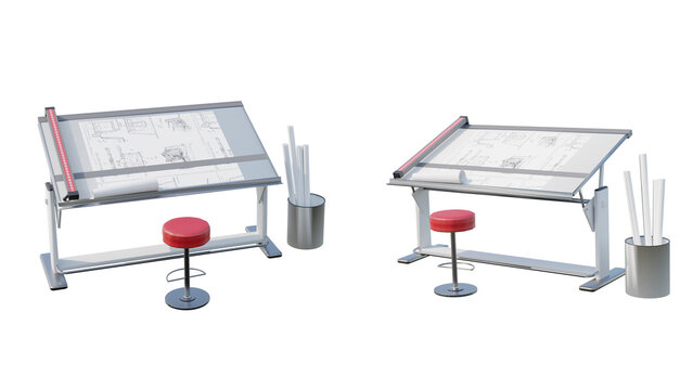 isolated cutout architect drafting table, render in 2 different view.