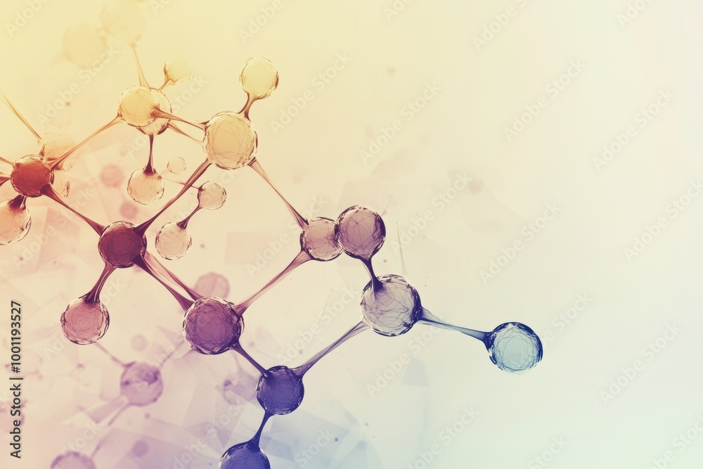 Poster Abstract representation of molecules and chemical structures on a soft background illustrating scientific concepts and research themes. Generative AI