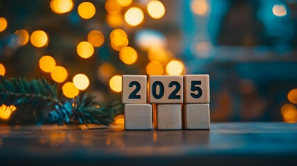 A photograph of the text "2025" written with wooden cubes on a blurred background, with golden bokeh lights