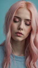 Naklejka premium Woman with pink hair in light blue sweater against solid blue background