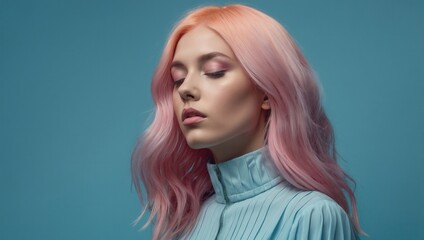 Naklejka premium Woman with wavy pink hair and ruffled blue top against soft blue background