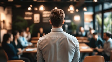 A business leader standing in front of seated employees, blurred, as the group discusses negotiation strategies for an upcoming acquisition.