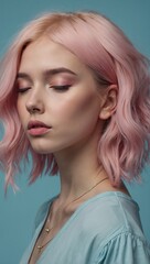 Woman with short pastel pink hair and layered cut in a light blue top against neutral background