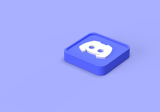 Discord messenger icon and cube, box. 3d render on the topic of social networks, communication, the Internet, and messages. Minimal, modern style. Purple background.