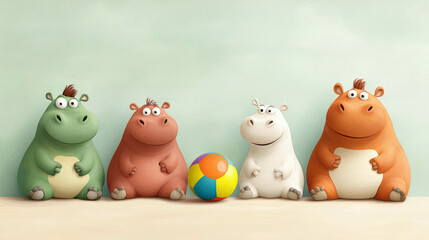 Four colorful hippos sitting together with a vibrant ball in the middle. Their cheerful expressions and bright colors create a playful and joyful atmosphere full of fun and charm.