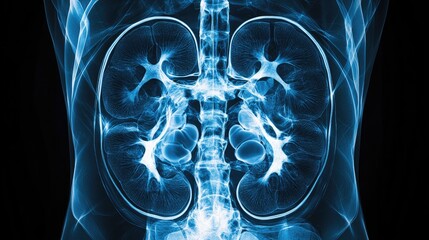 Advanced X-ray image of human internal organs, focusing on the liver and kidneys, representing medical technology used for treatment planning