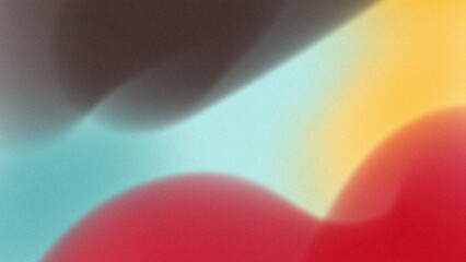 A retro vintage mid century modern abstract background featuring vibrant Van dyke, Verdigris, Celeste, Orange, Cornell red colors blended with copy space textured noise effect.