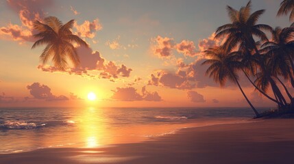 A serene beach at sunset with palm trees and gentle waves.