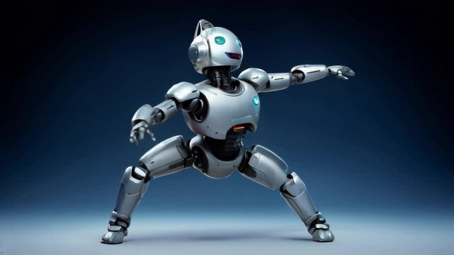 A cartoon robot with a big smile, dressed in a silver suit and headphones stands in a fighting stance.. AI Generation