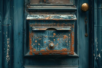 Old rusty mailbox is attached to a blue door, with chipping paint showing its age and use