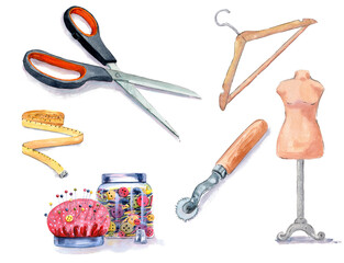 Sewing as a hobby or profession. Sewing items, watercolor illustration
