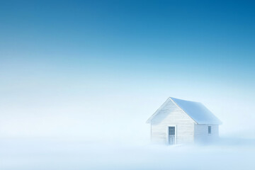 A solitary white house surrounded by a vast, snow-covered landscape on a clear winter day