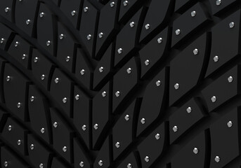 A car wheel, a winter tire. Close-up of the tread, metal spikes for snow and ice. 3d rendering on the topic of security, traffic, transport, spare parts.