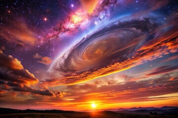 Fototapeta premium Galactic horizon stretches across the frame, with vibrant swirling clouds of orange, pink, and purple hues illuminated
