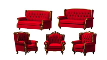 Set Of PNG Goth Red sofa furniture armchair couch. on the White Background....