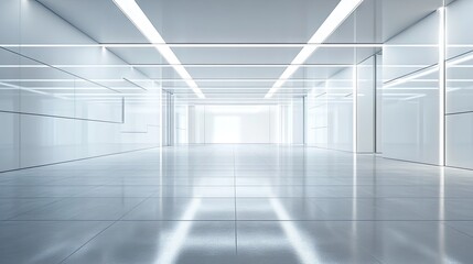 Obraz premium An empty space with smooth ceramic tile flooring and ceiling strip lights, creating a bright and clean monochromatic interior.