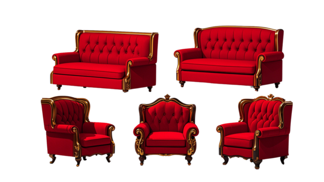 Set Of PNG Goth Red sofa furniture armchair couch. on the White Background....
