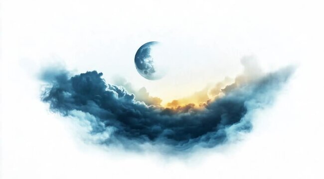 Beautiful Moon in the Sky Above Infinite Clouds, Colorful Ink Style