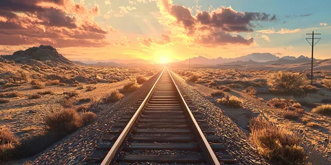 Gordijnen A train track in the desert with a sunset in the background © HappyPic