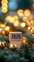 A photograph of the text "2025" written with wooden cubes on a blurred background, with golden bokeh lights