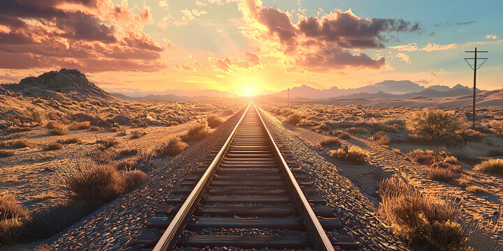 A train track in the desert with a sunset in the background