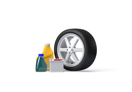 A set of car spare parts for winter. Wheels with a tire on spikes, non-freezing liquid for glasses, battery, oil. 3d on the topic of auto parts, shop, transport, car service. Transparent background.
