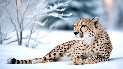 Obraz premium A cheetah is laying in the snow, looking at the camera