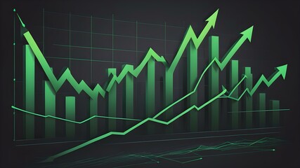 A vector illustration of a rising stock chart with green arrows, symbolizing growth and profits
