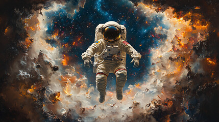 Fototapeta premium A man wearing a spacesuit is flying into a black abyss.