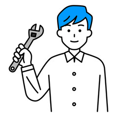 モンキーレンチを持つカジュアルな男性