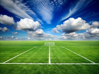 Obraz premium Green grassy field with white lines and goals at each end, surrounded by blue sky and fluffy white