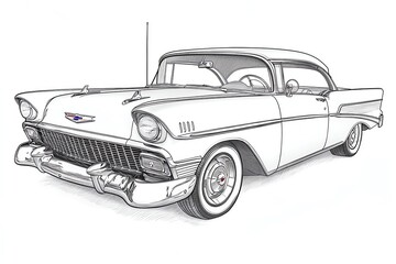 A detailed pencil sketch of a classic car with a white background.
