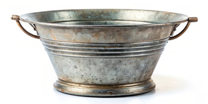 Close-up vintage Thai zinc galvanized spittoon isolated on white background for antique collectors and history enthusiasts, unique metallic container for tobacco chewing, retro des