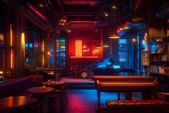 A dimly lit jazz bar with a piano, drum set, and tables and chairs.