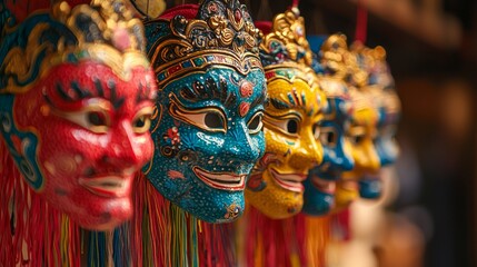 Fototapeta premium Traditional colorful masks on display in a cultural market