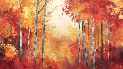 Autumn landscape painting featuring a forest with vibrant foliage in red, orange, and yellow hues. Captures the essence of the season for wall pictures.